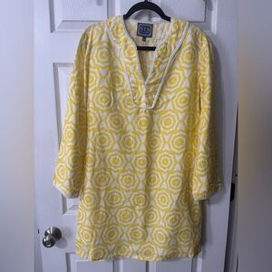 Sail to Sable Yellow White Geometric 100% Linen Tunic Dress Coverup Large READ
